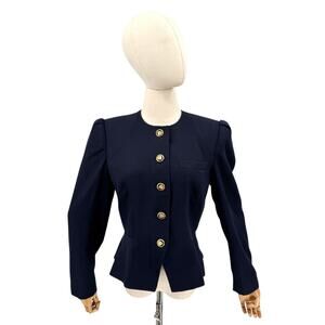 Vintage 80s Sassoon Navy Blue Puff Sleeve Peplum Fitted Blazer Jacket